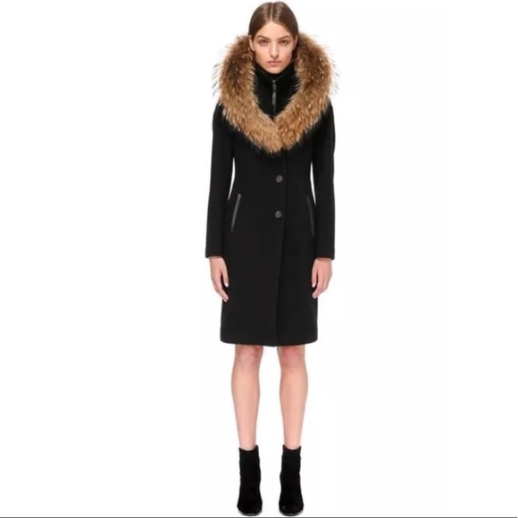 Mackage Black Mila cashmere blend real fur hood trim wool jacket size medium - Picture 1 of 8